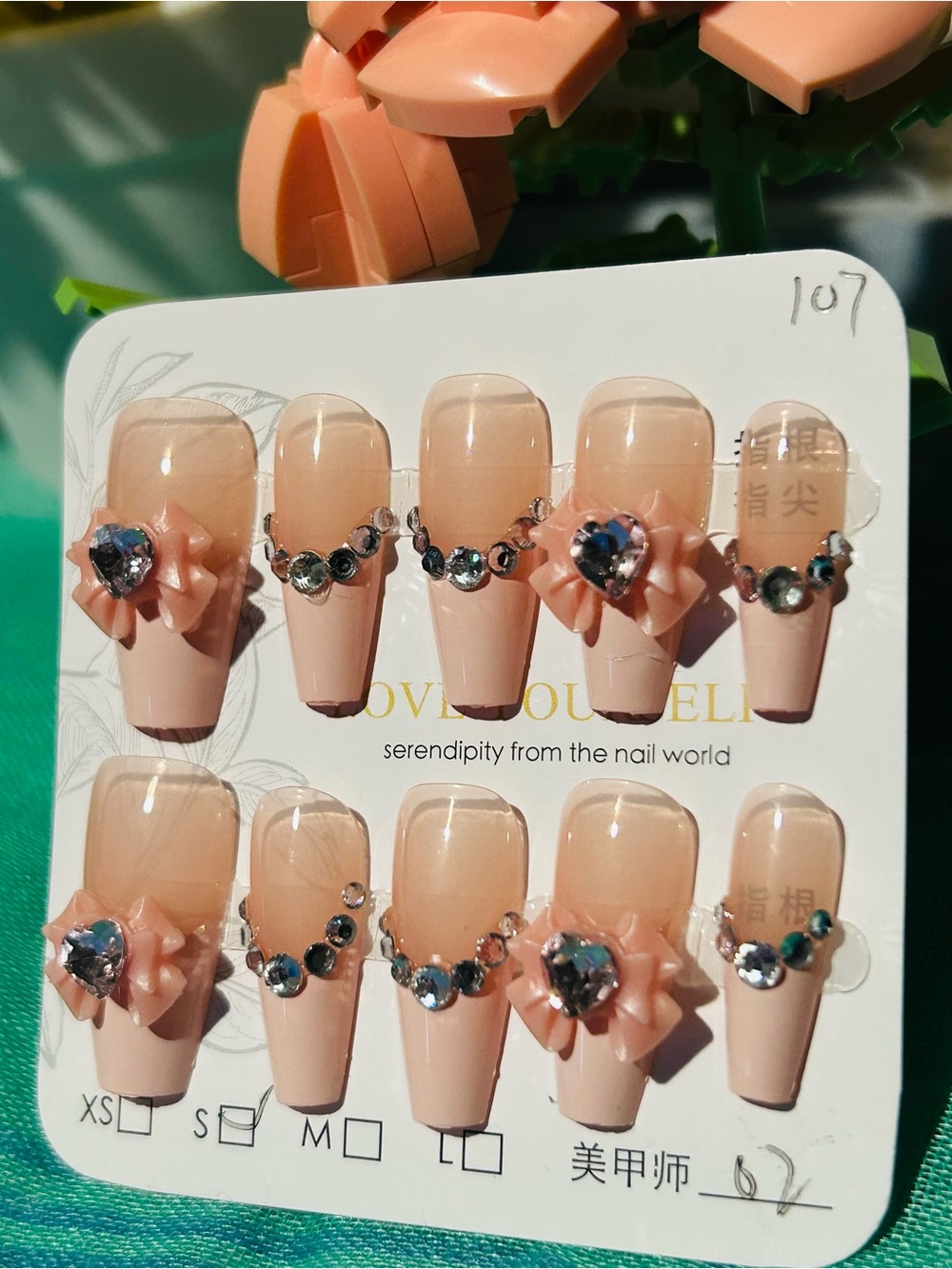 Soft Pink-Nude Rhinestone 3D Bow Press-On Nails 💅 10pcs #301